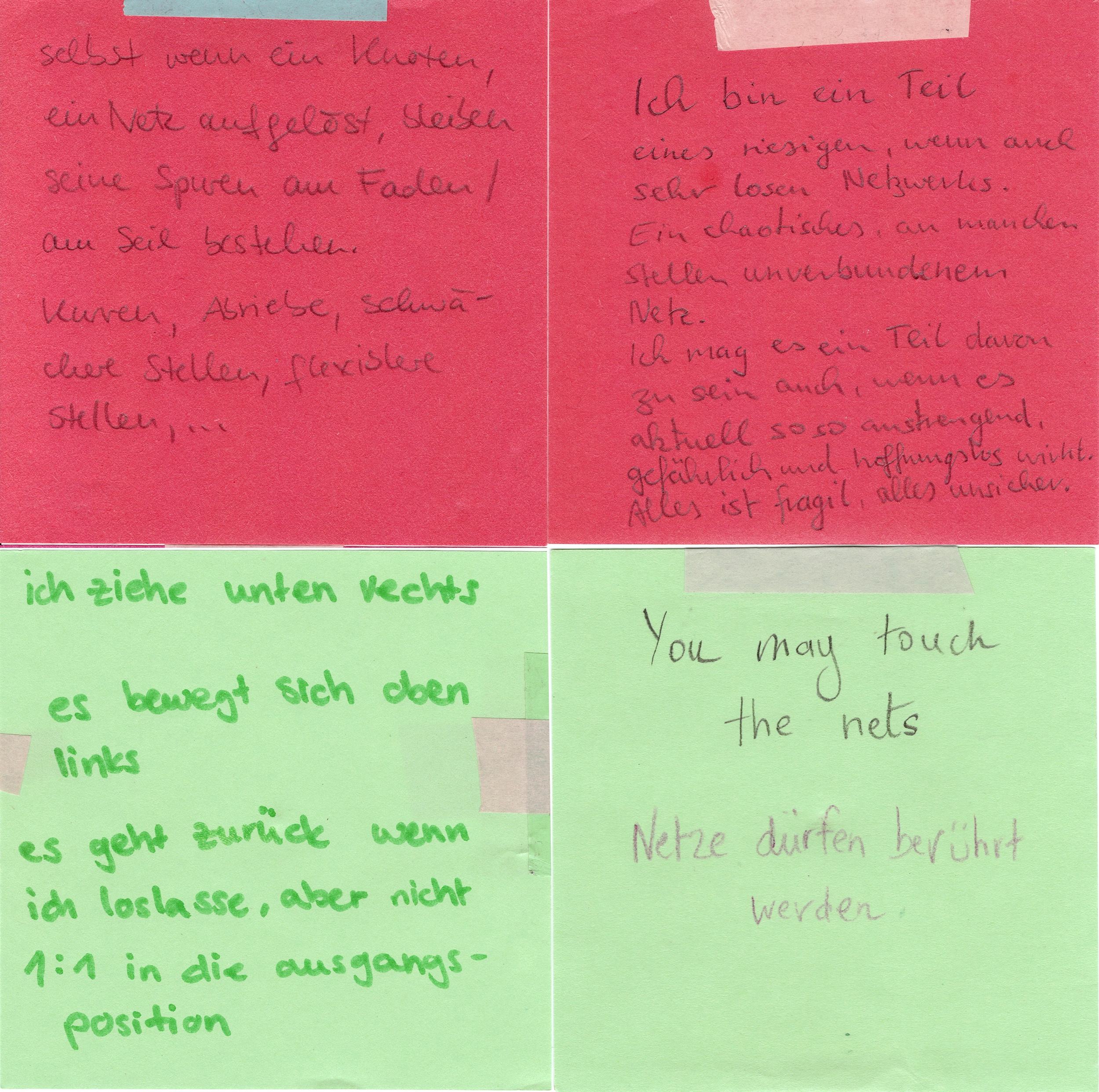 Four sticky notes in bright ned and bright green annoted by visitors. The first note reads in German, 
